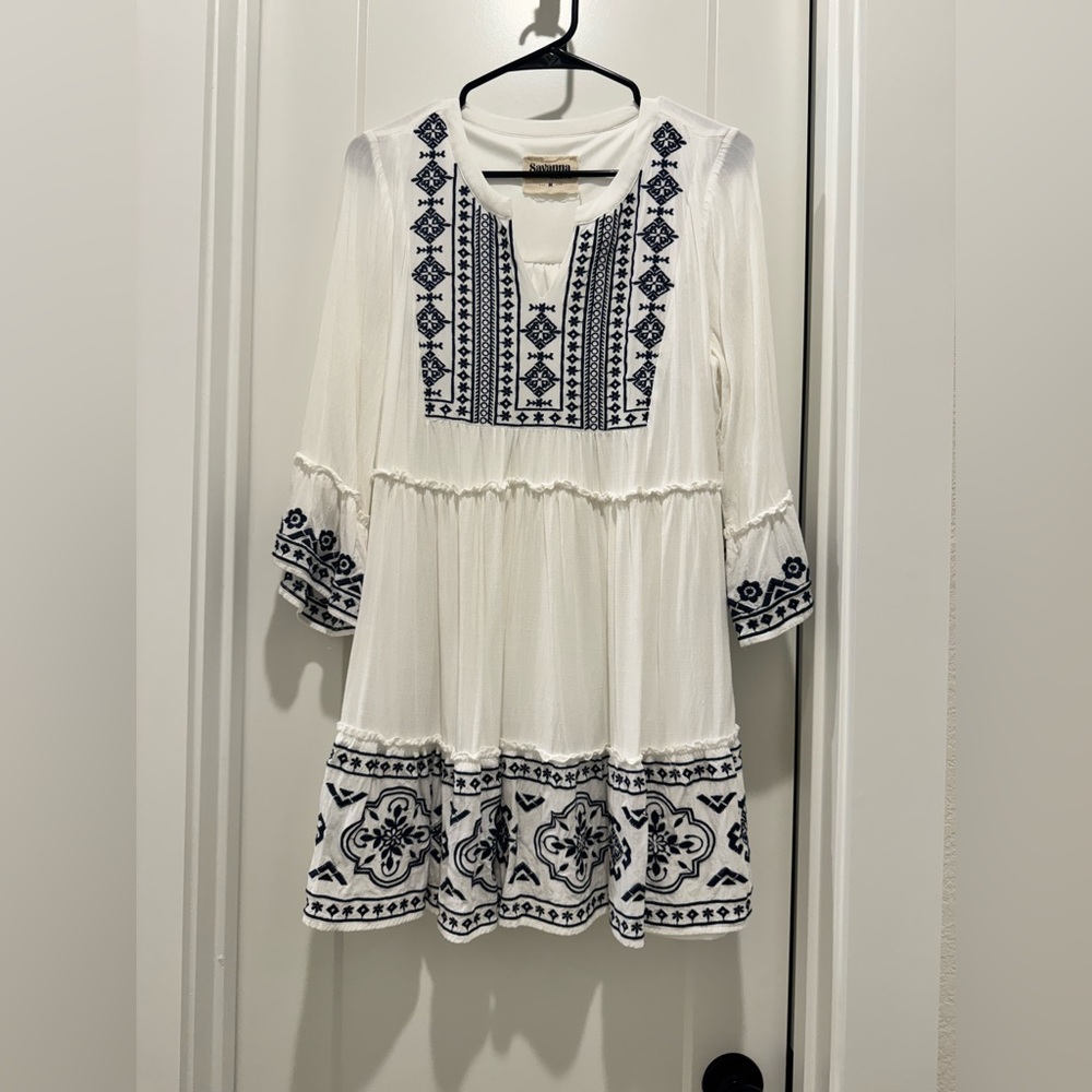 Savanna Jane White and Blue Embroidered Dress